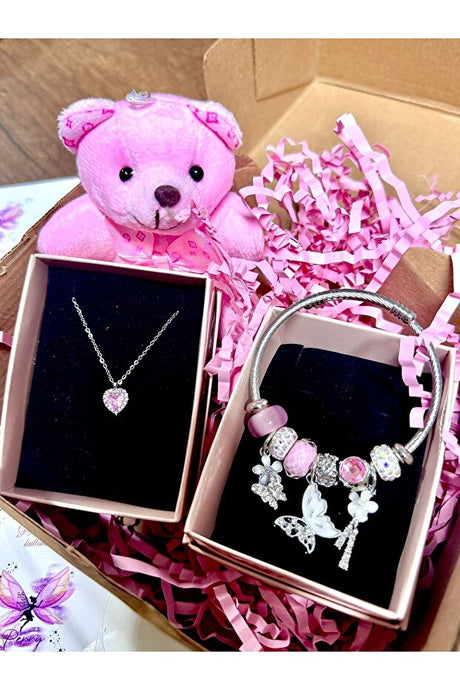 Stainless Steel Pink Heart Necklace, Bracelet & Teddy Bear Gift Set