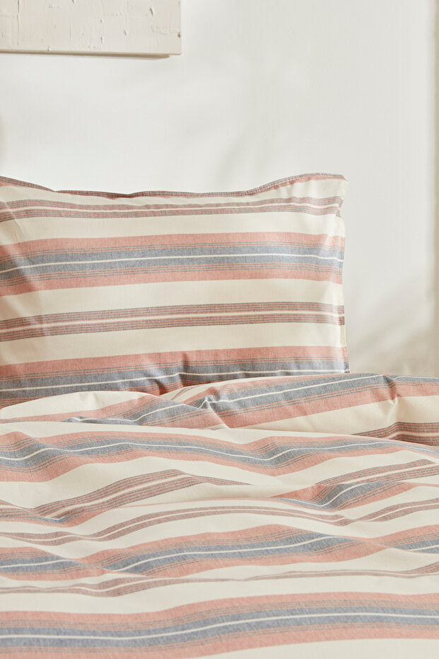 Double Size Duvet Cover Set - Terracotta Stripes, 100% Cotton