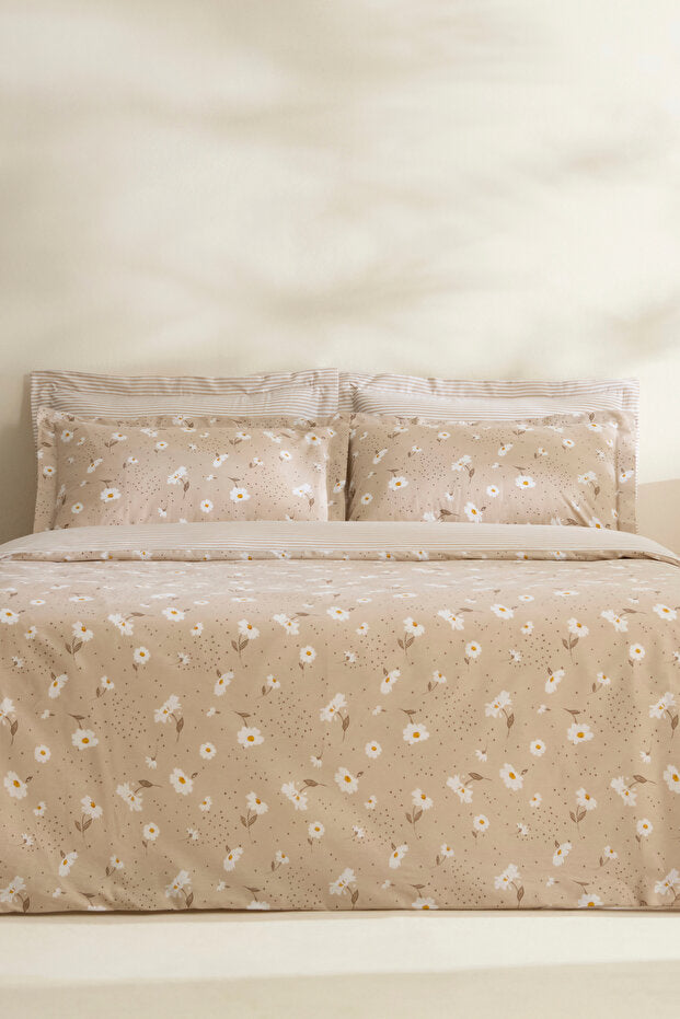 Daisy 100% Cotton Double Duvet Cover Set - Beige, 4-Piece