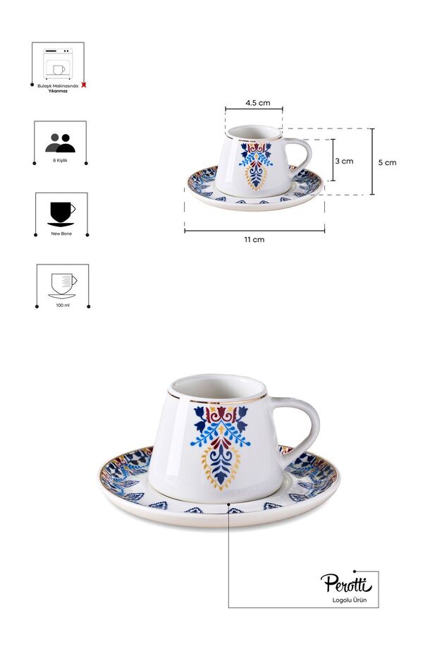Porcelain Coffee Cup Set with Blue & Gold Motifs - 6 Person, 100ml