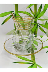 Clear Glass Tea Glass & Saucer Set - Gold-Rimmed & Faceted Design
