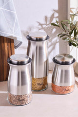 3-Piece Kitchen Storage Jar Set - Stainless Steel & Glass