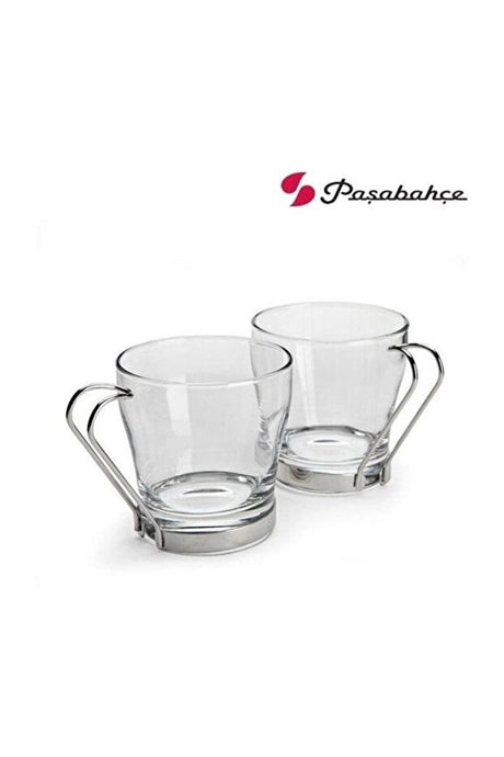 Pasabahce Professional Glass Tea Cups with Metal Handles - 210ml Set of 2