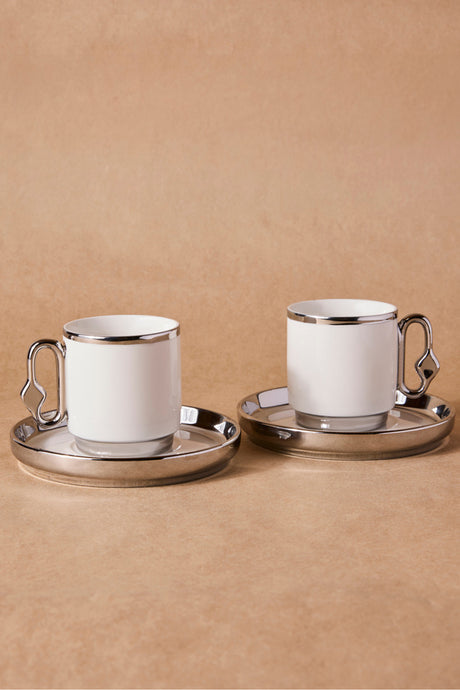 2 Person Porcelain Coffee Cup Set with Silver Trim