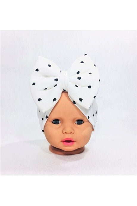 Baby Bow Turban Headband - White with Black Hearts (0-3 Years)