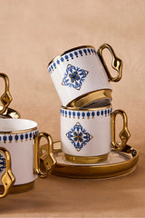 6 Person Porcelain Coffee Cup Set with Elegant Blue Tile Design