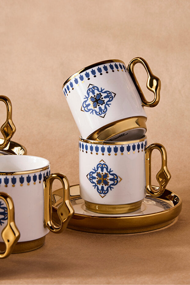 6 Person Porcelain Coffee Cup Set with Elegant Blue Tile Design