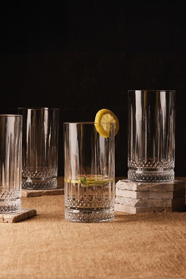 Lisboa Elegant Ribbed Long Drink Glasses - Set of 4, 450ml Capacity