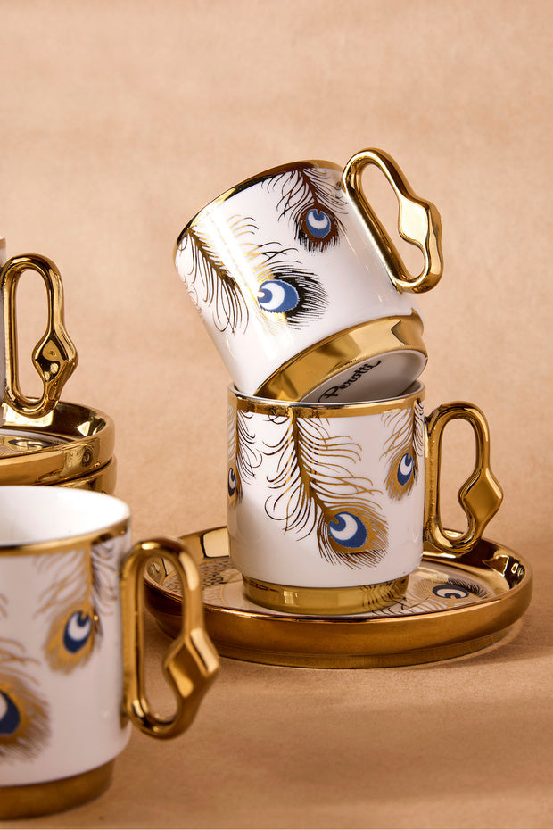 Porcelain Peacock Pattern Coffee Cup Set for 6 People