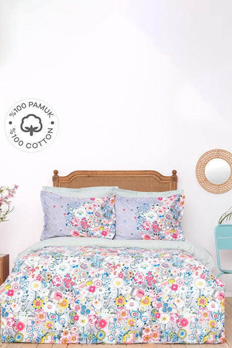 Dulce Blue 100% Cotton Single Floral Duvet Cover Set