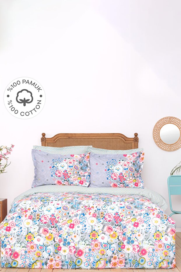 Dulce Blue 100% Cotton Single Floral Duvet Cover Set