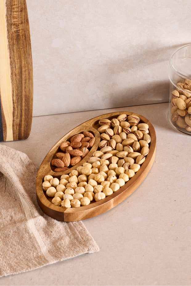 Natural Acacia Divided Oval Serving Plate - 25x14 cm