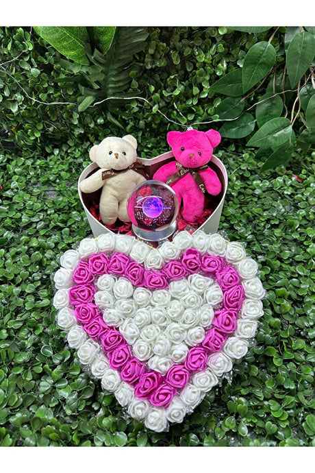 Valentine's Day Gift Set with Light-Up Saturn Globe, Teddy Bears & Rose Heart