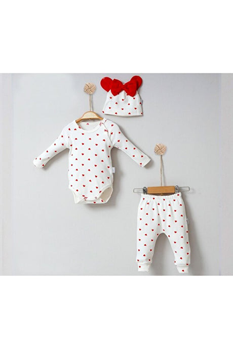 Newborn 3-Piece Heart Print Baby Bodysuit, Pants & Hat Set