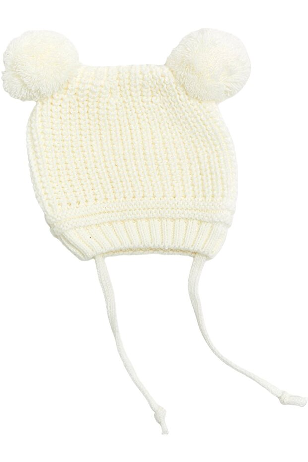 Pom-Pom gestrickte Babymütze mit Bindebändern