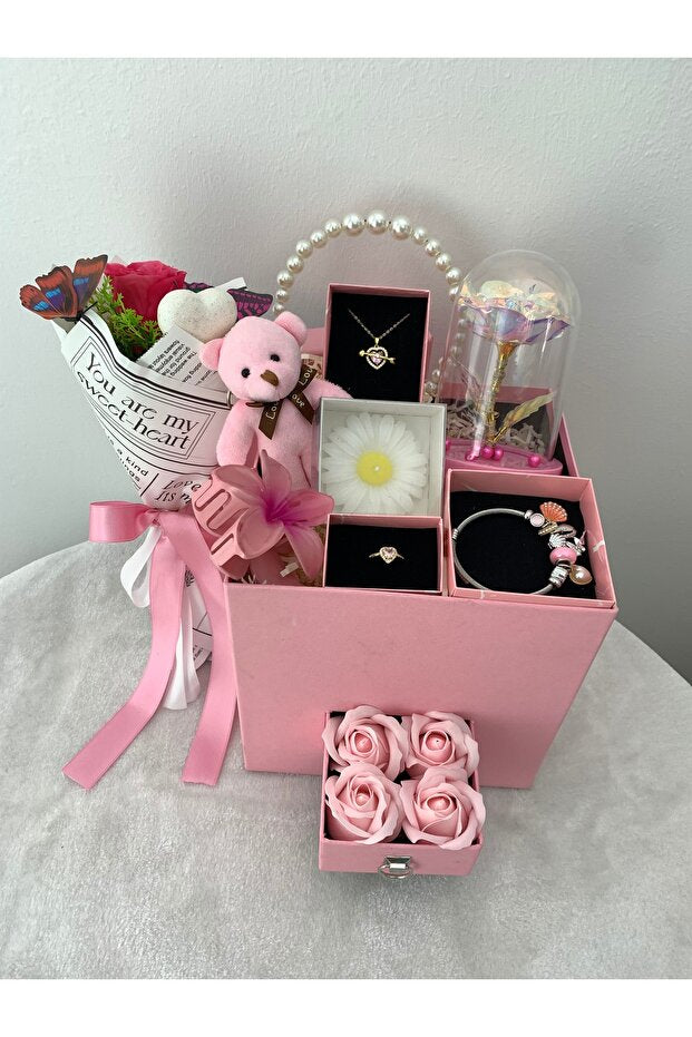 Elegant Pink Love Gift Set with Drawer Box - Jewelry, Bear & Rose Dome