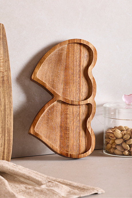 Acacia Heart-Shaped Serving Plate - Dual Compartment 25x14 cm