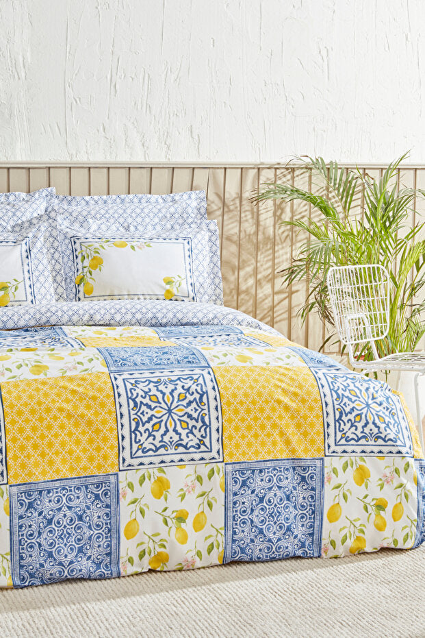 Addie 100% Cotton Double Duvet Cover Set - Lemon & Tile