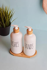 2-Piece White Liquid Soap Dispenser Set with Bamboo Tray - 500ml Each