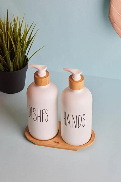 2-Piece White Liquid Soap Dispenser Set with Bamboo Tray - 500ml Each
