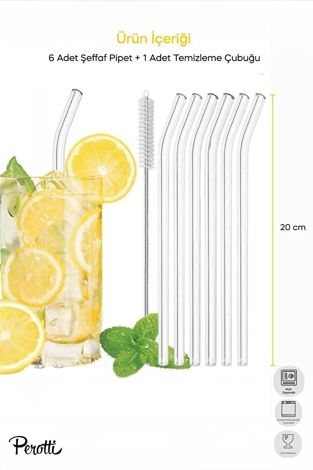 6-Pack Reusable Bent Glass Straws with Cleaning Brush