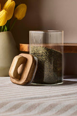 210ml Ribbed Borosilicate Glass Jar with Acacia Vacuum Lid