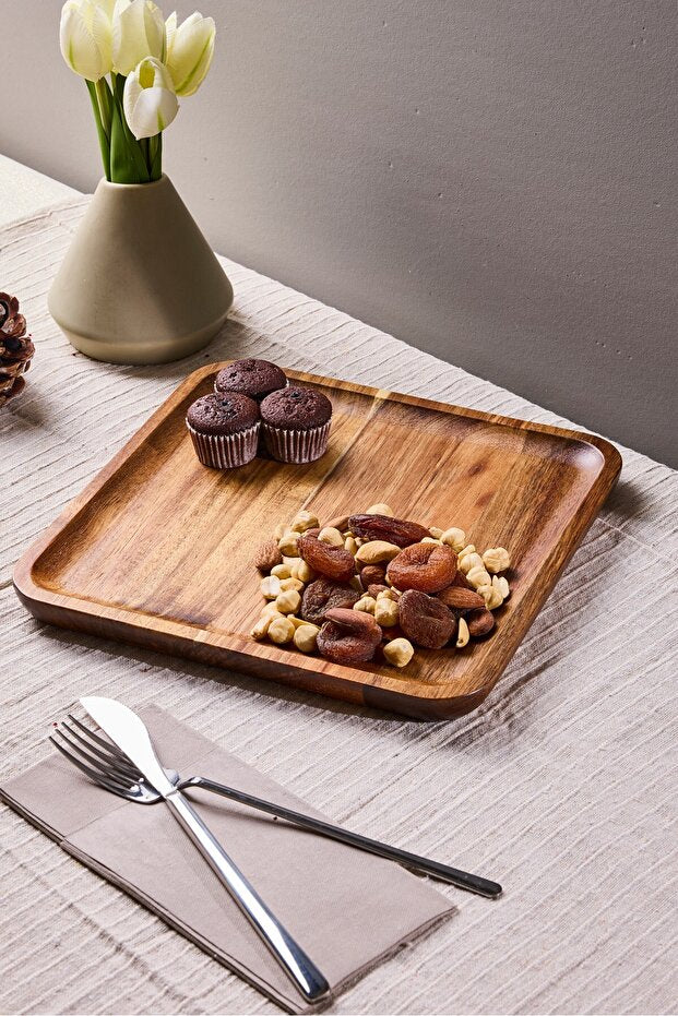 Acacia Wood Serving Tray - 25x25 cm Natural & Versatile