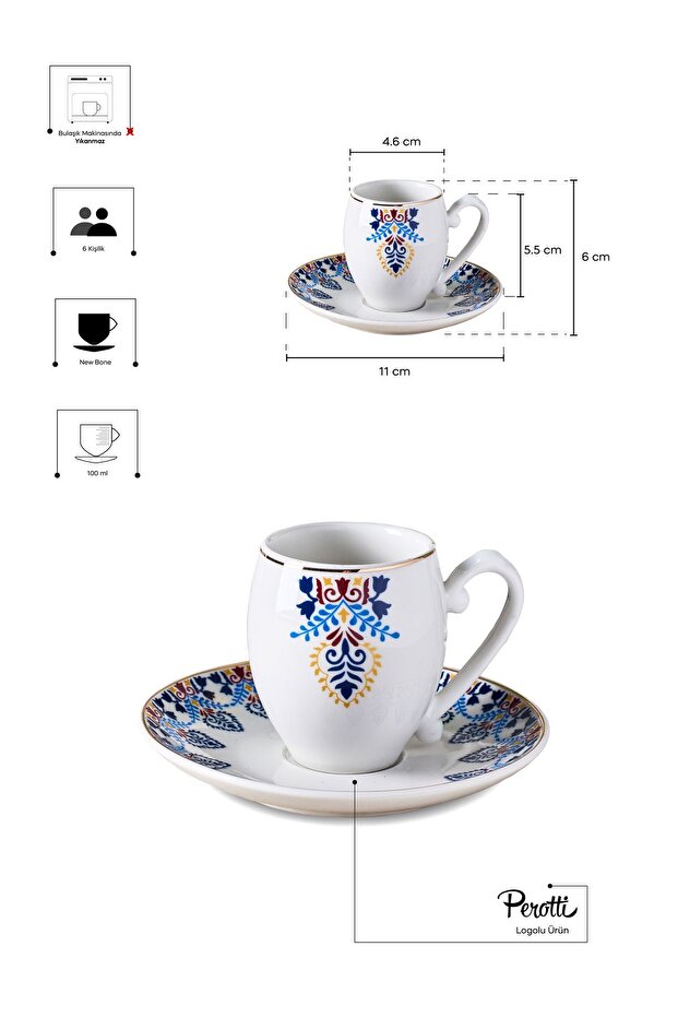 Porcelain Coffee Cup Set - 6 Person, Elegant Blue & Gold Design