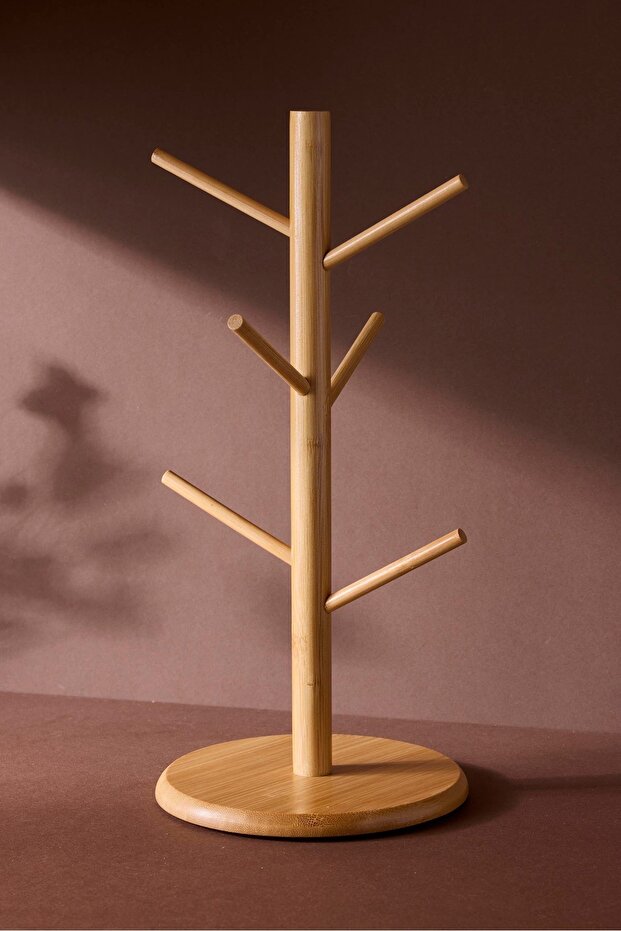 Bamboo Mug Tree with 6 Hooks - Round Base Cup Holder