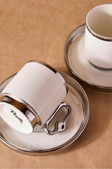2 Person Porcelain Coffee Cup Set with Silver Trim