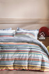 Evan Double Striped 100% Cotton Duvet Cover Set - Blue