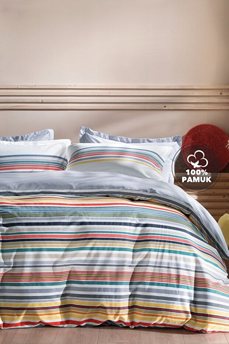 Evan Double Striped 100% Cotton Duvet Cover Set - Blue