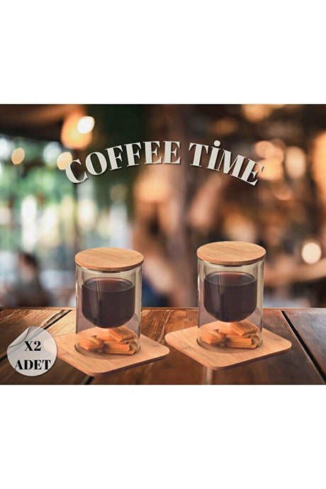 Professional Double Wall Glass Serving Cup & Candle Holder Set with Bamboo Plate and Lid - 2 Piece Set