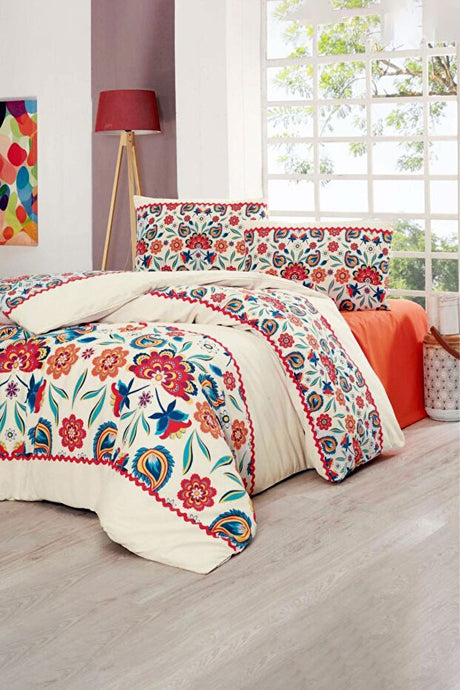 Carnival Double Duvet Cover Set - Cream/Orange Floral, Easy Iron
