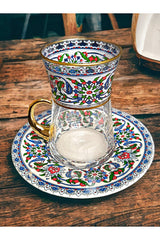 Samsa Premium Turkish Tea Set - 6 Person - Gold Plated Handles - Ceramic Motif Glass Cups Porcelain Plates