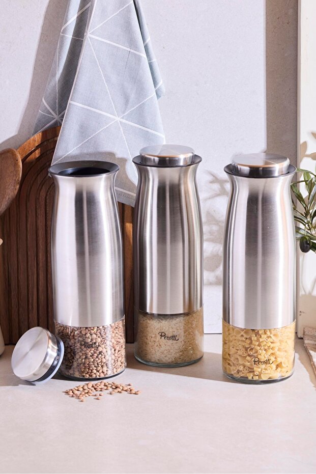 3-Piece Stainless Steel & Glass Storage Jar Set