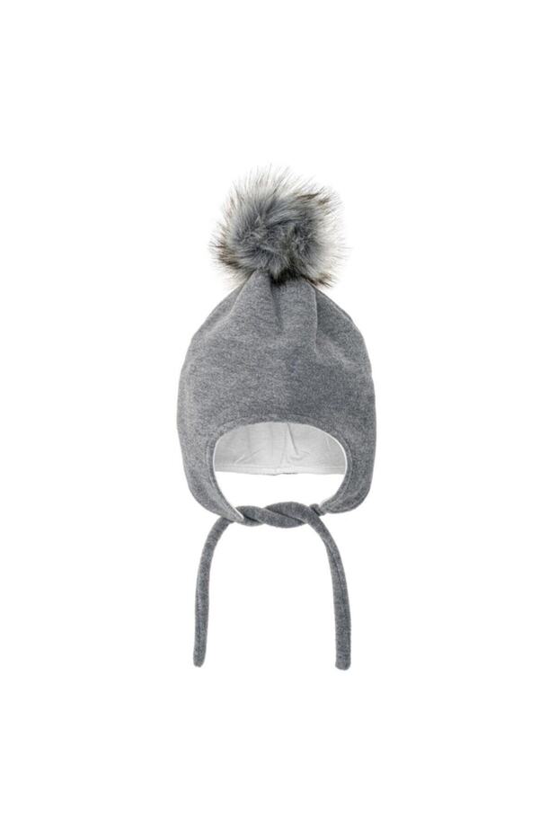 Baby Fleece Beanie - Grey with Pom-Pom, 0-1 Age