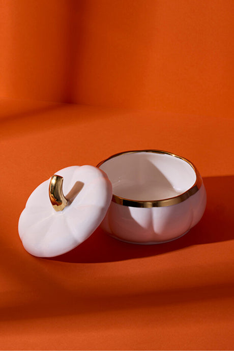 Elegant White Pumpkin Porcelain Storage Jar with Gold Accent - 11.6x11.6x5 cm