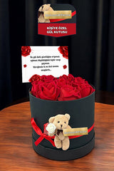 Personalized 8 Red Non-Fading Roses & Teddy Bear Gift Box