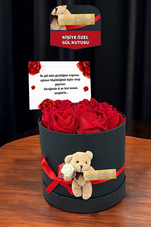 Personalized 8 Red Non-Fading Roses & Teddy Bear Gift Box