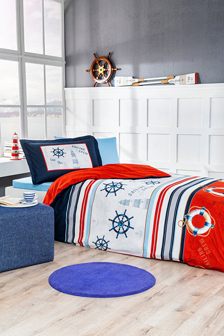 Deep Blue Single 100% Cotton Nautical Duvet Cover Set