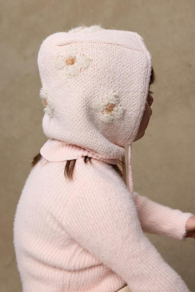 Strick-Balaclava-Mütze - Pinke Blumen
