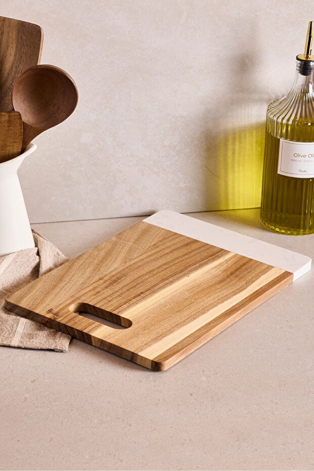 Acacia Wood & Marble Cutting Board with Handle - 35x25 cm