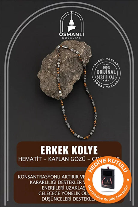 Men's Natural Stone Necklace - Tiger's Eye, Grey Jasper, Hematite - Gift Boxed