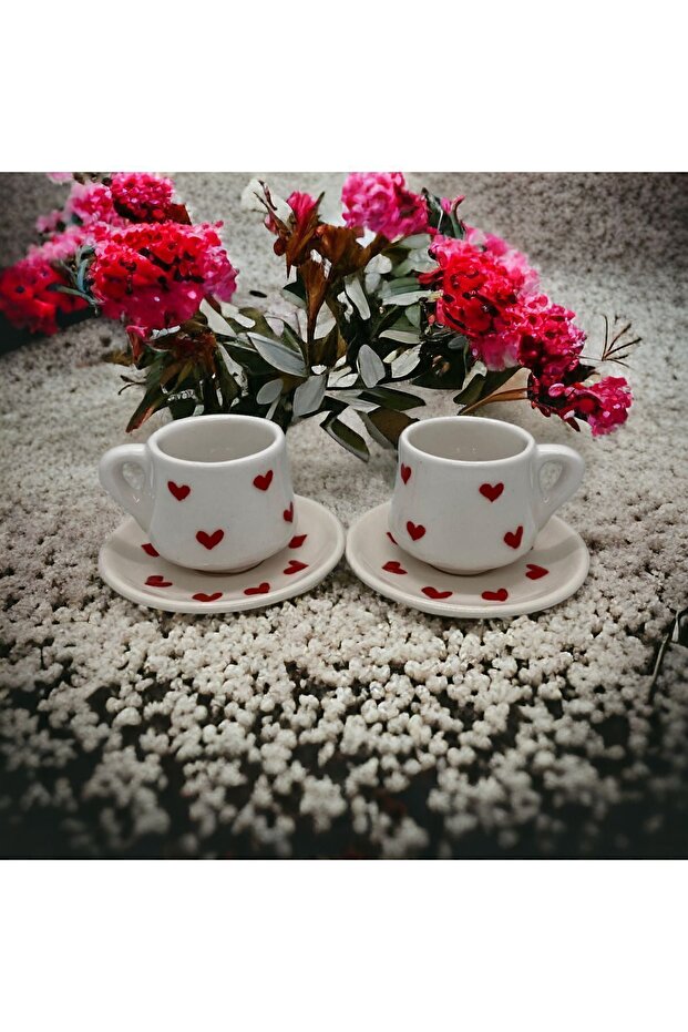 Handmade Heart Embossed Ceramic Cup Set - 2 Pieces