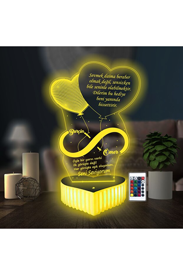 Personalized 3D LED Lamp - 16 Color Remote Control, Valentine's Gift