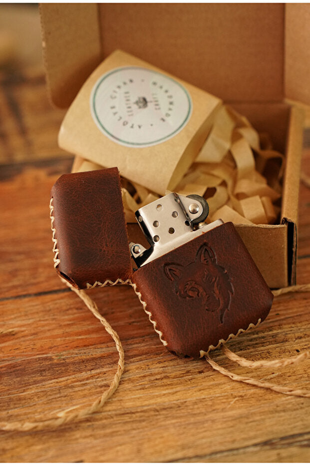 Handmade Genuine Leather Cased Zippo-Style Lighter with Wolf Design