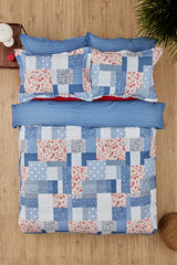 Denim Patch Double Duvet Cover Set - Stylish Red Accents