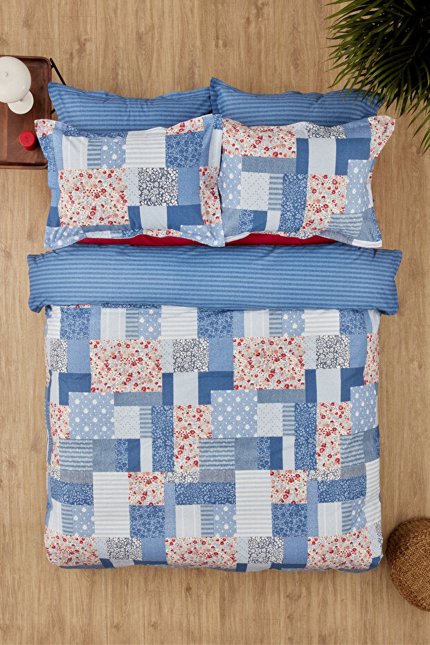 Denim Patch Double Duvet Cover Set - Stylish Red Accents