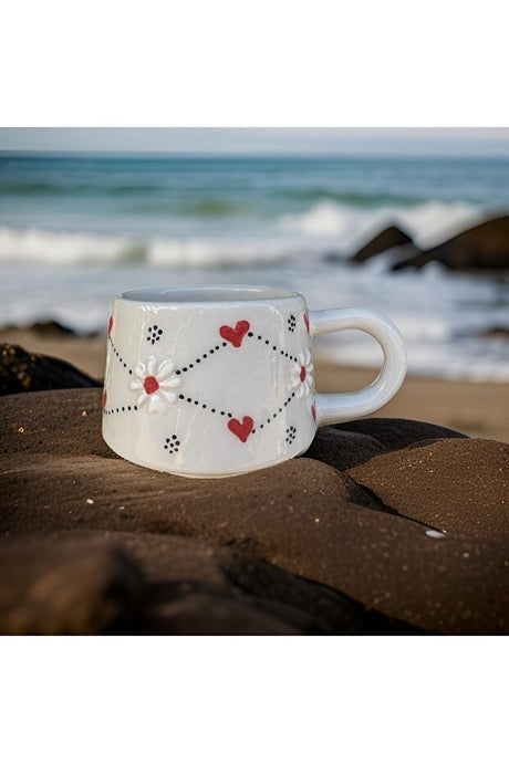 Hand-Painted Ceramic Mug - Hearts & Daisies Design, 200ml